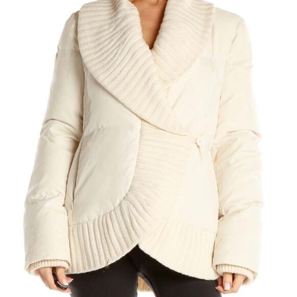 BCBGMaxAzria Cream Puffer Sweater Jacket with knit shawl collar & cuffs size XS - Picture 1 of 12